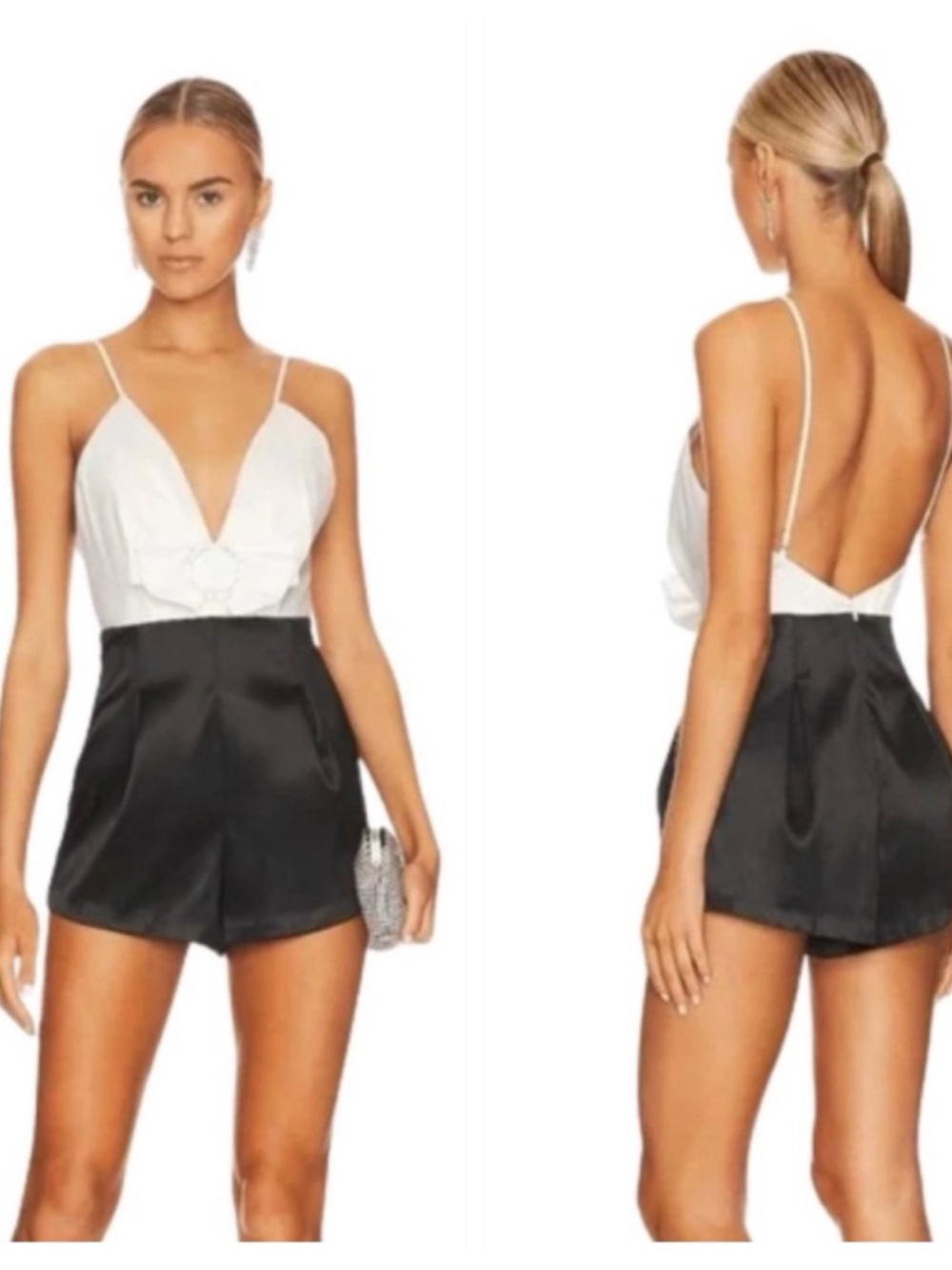 NBD Romper Womens Size Small cella bow Black and White satin spaghetti straps